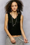 Textured Knit V-Neck Tank with Lace Trim