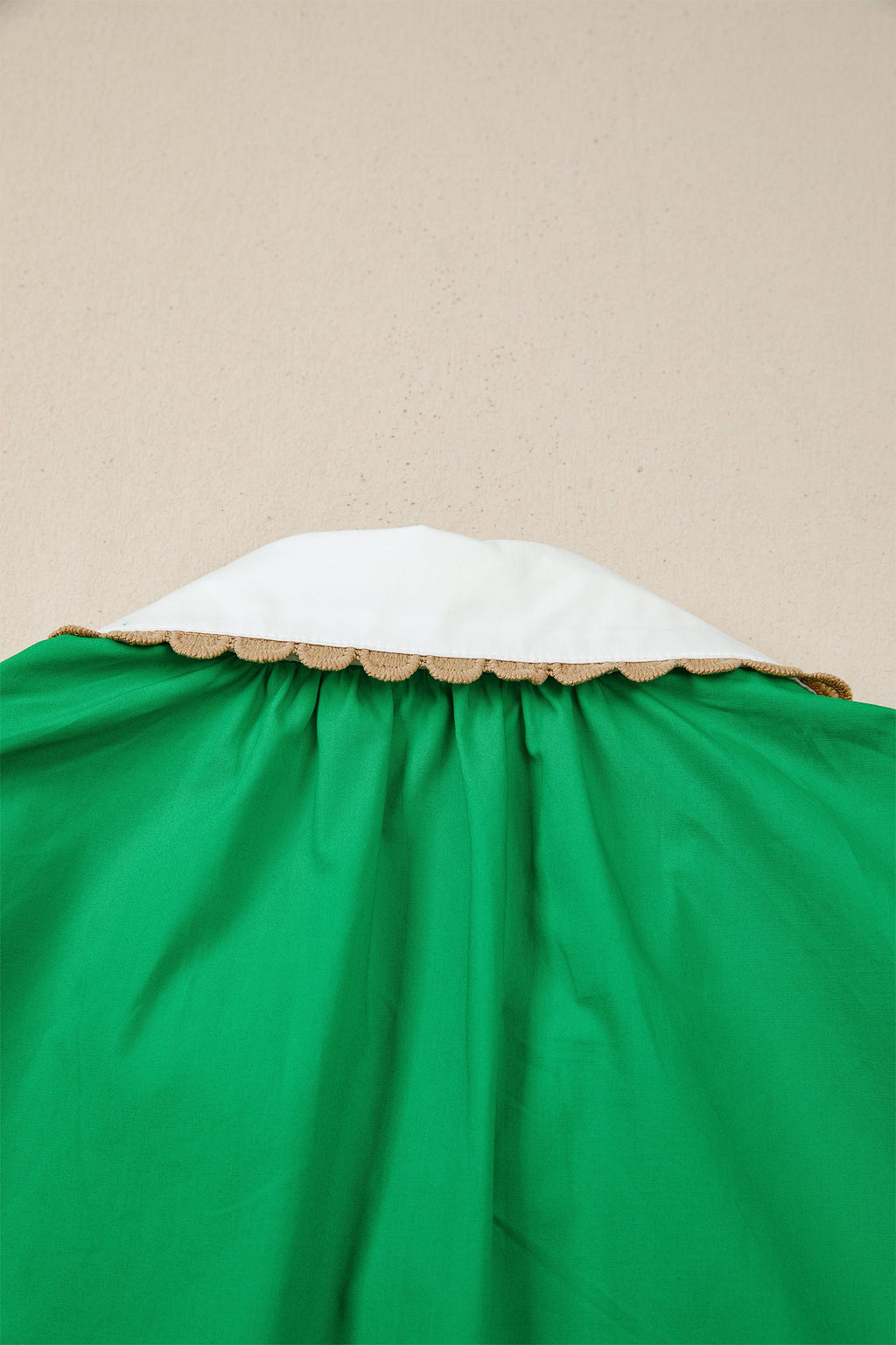 Bright Green Ricrac Trim Color Block Patchwork Shirt Collar Short Sleeve Blouse