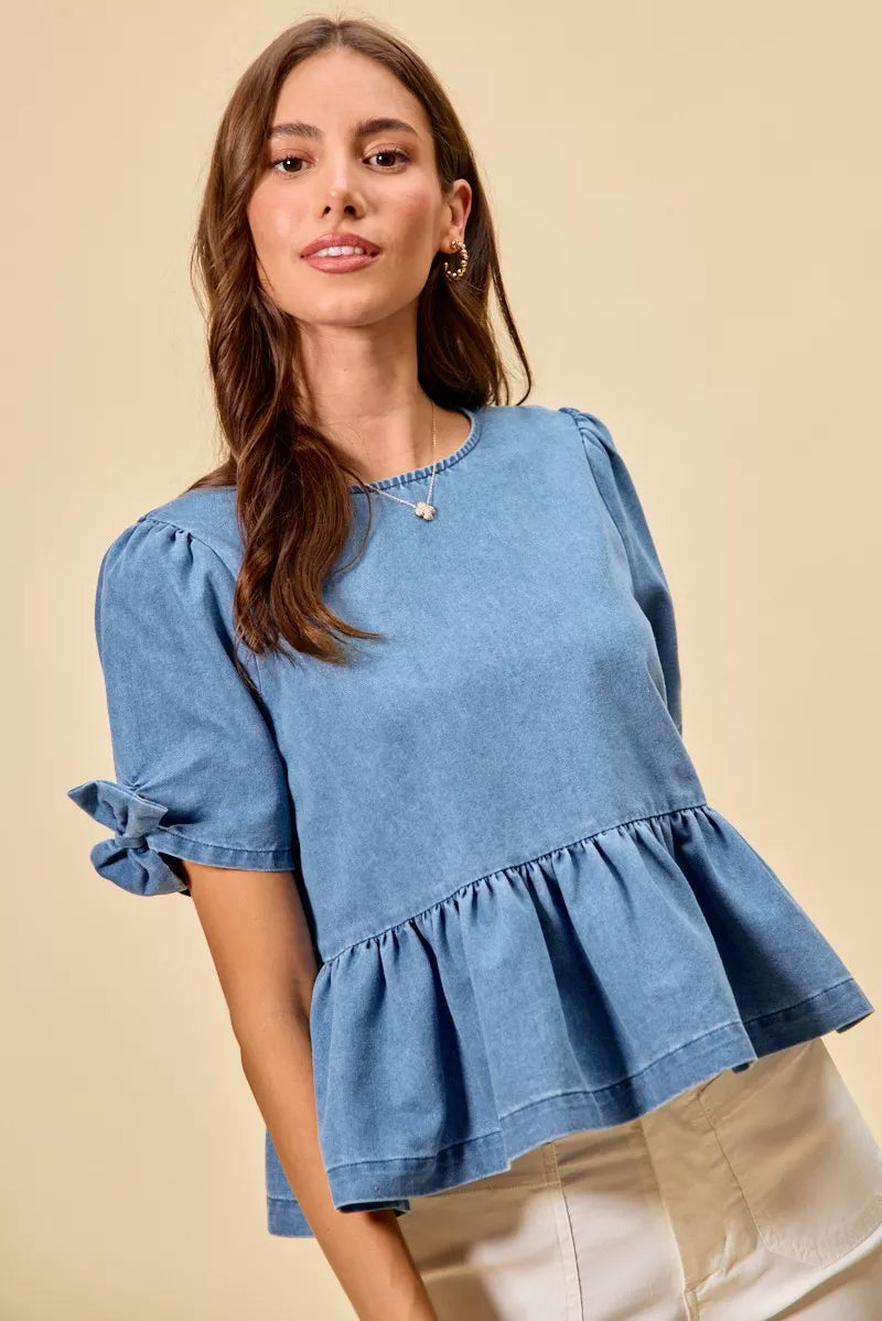Denim Bow Detail Short Sleeves Peplum Top