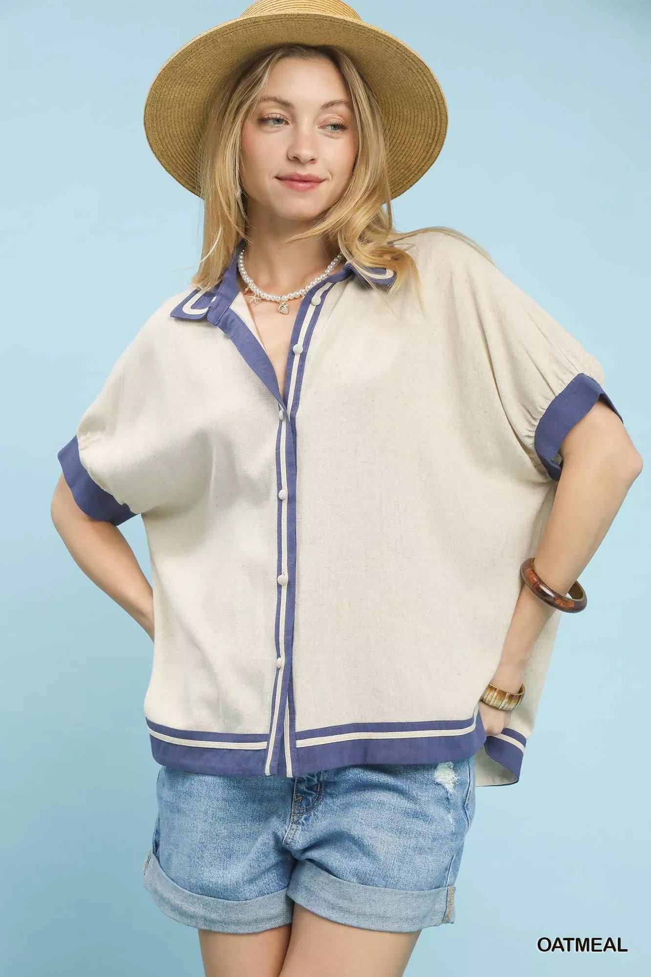 Linen Button Front Top with Contrast Piping