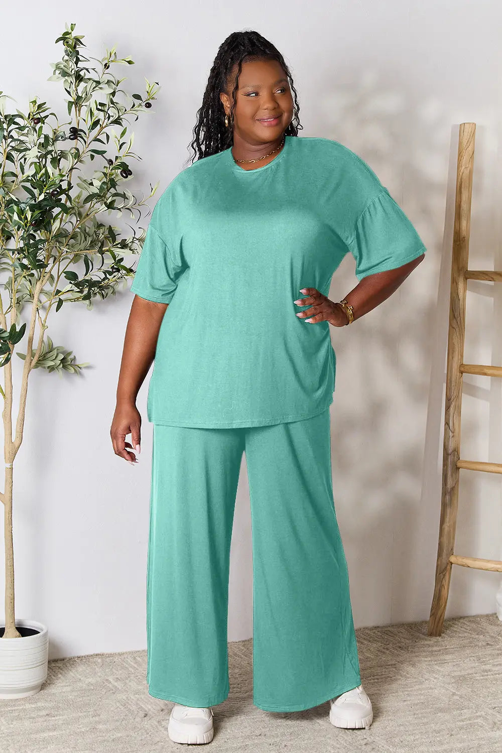 I am a Fashion Junky Full Size Round Neck Slit Top and Pants Set