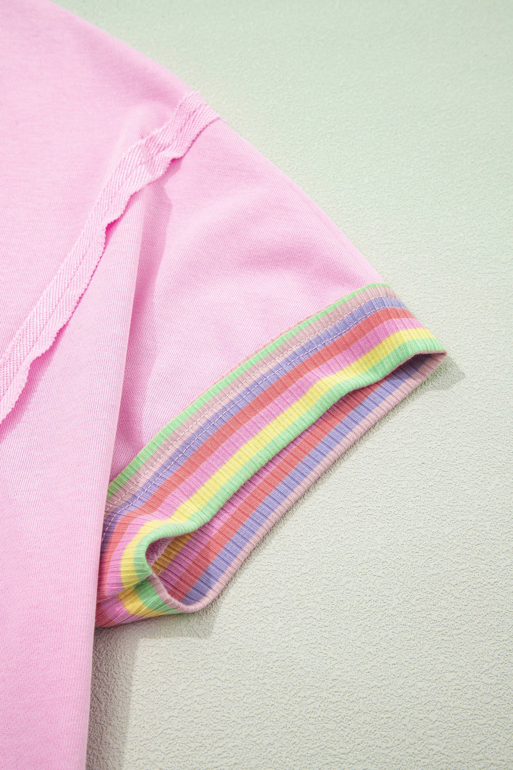 Pink Rainbow Stripe Ribbed Patchwork Raw Seam Oversize Polo Tee
