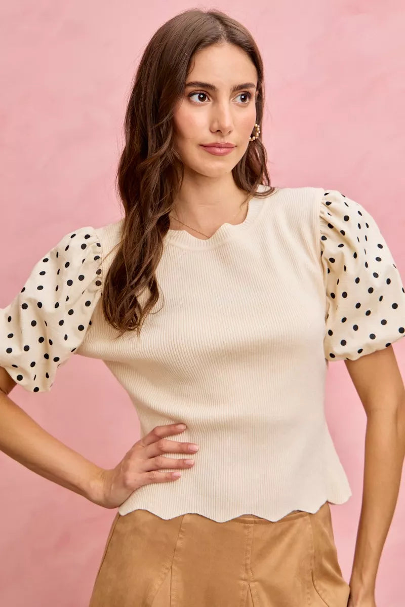 Polka Dot Contrast Woven Ballon Sleeve Blouse
