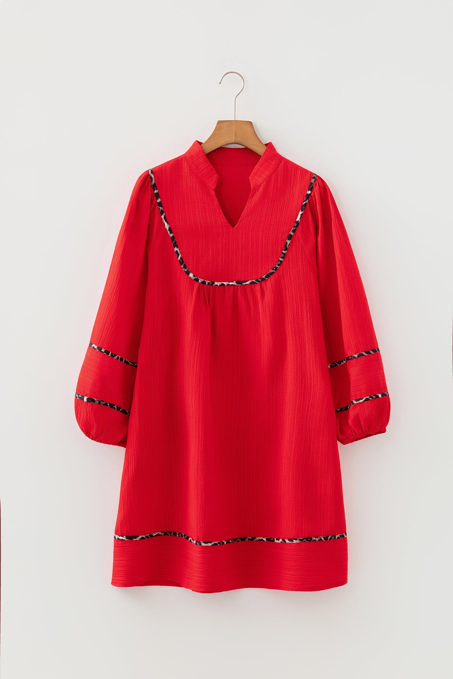 Fiery Red Textured V Neck Leopard Contrasted Trim Long Sleeve Shift Mini Dress