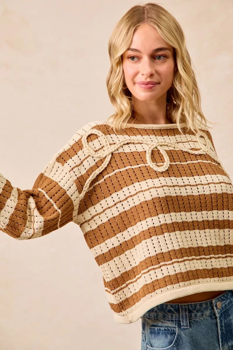 Striped Open Knit Sweater Top with Front Braided Detail