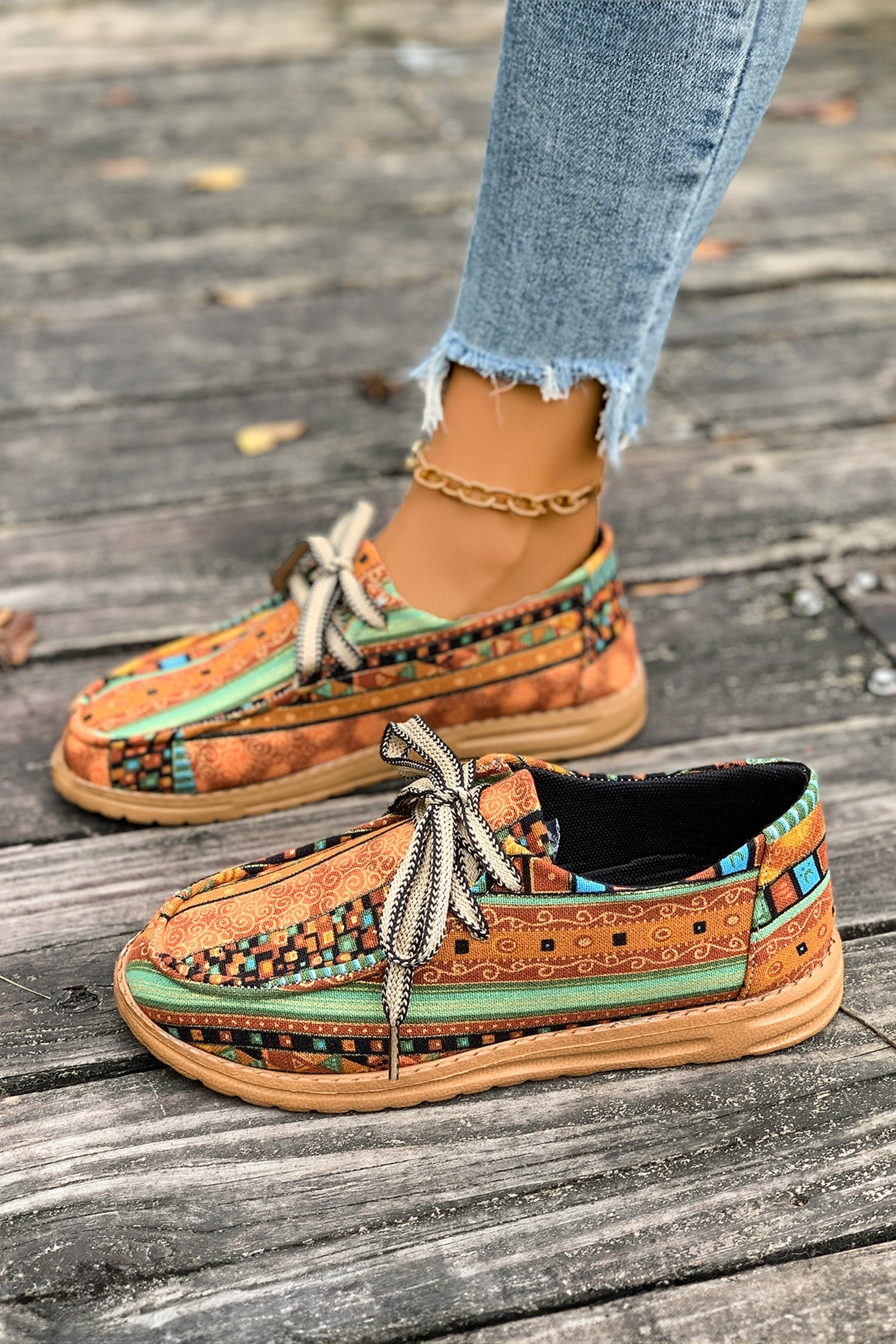 Mustard Ethnic Artistic Print Lace-up Detail Comfort Loafer Shoes