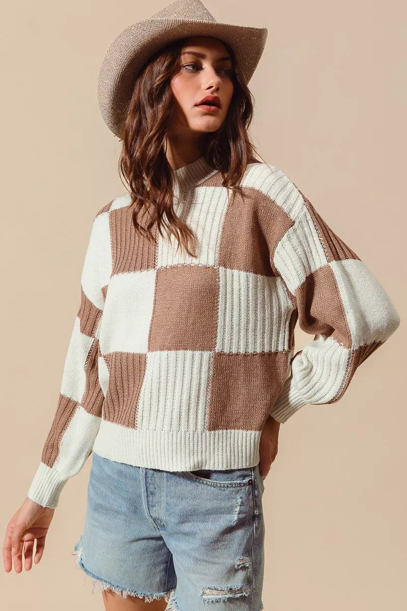 Ribbed Color Block Checkered Plaid Sweater