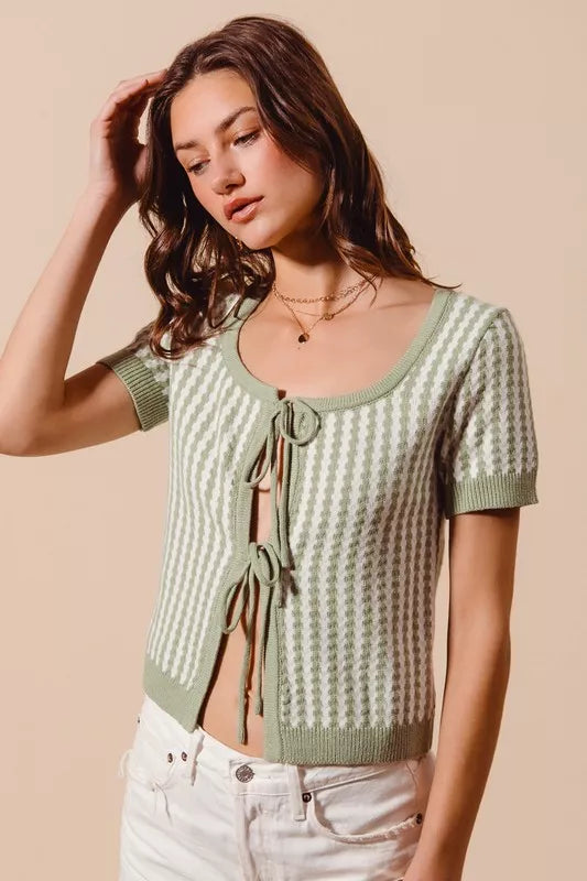 Tie Front Textured Vertical Stripe Knit Cardigan