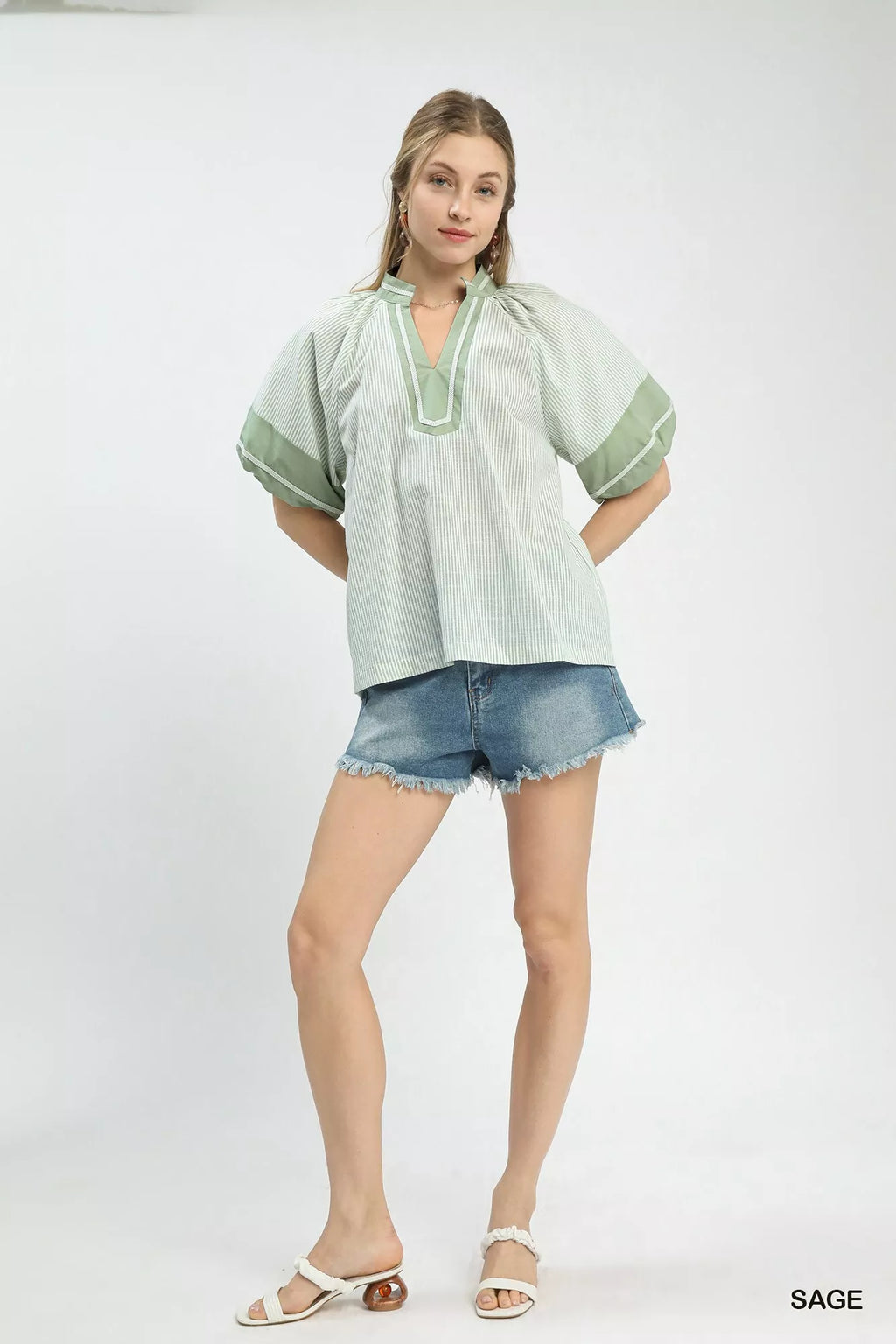 Striped Mixed Puff Sleeve Blouse