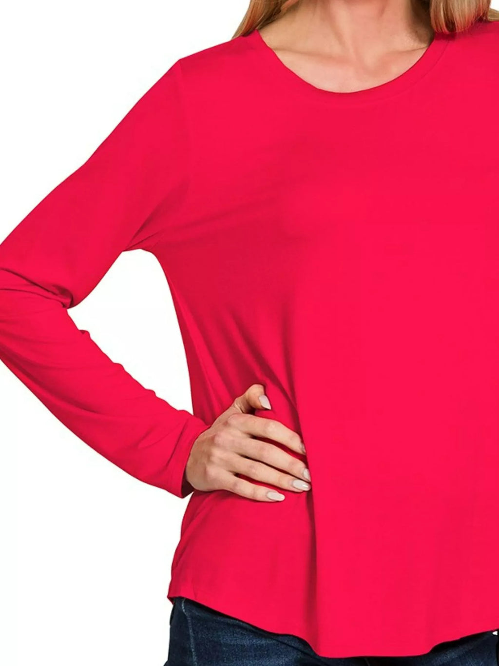 Flowy Round Hem Rayon Long Sleeve Top
