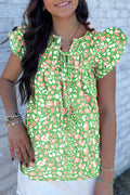 Green Abstract Leopard Tied Front Flutter Sleeve Blouse