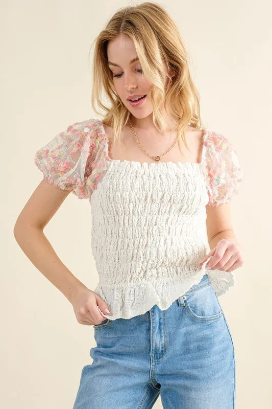 Embellishment Sleeve Smocked Top
