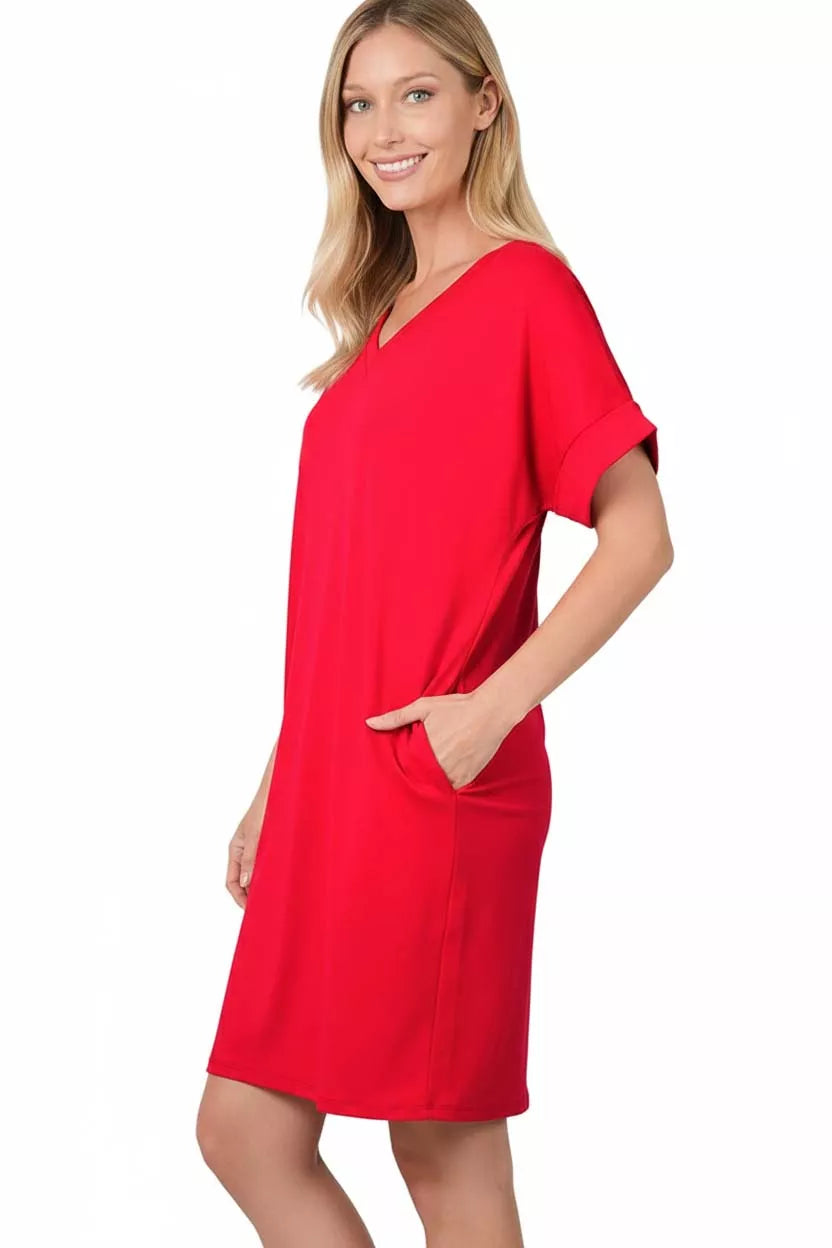 Brushed Dty Rolled Short Sleeve V-Neck Dress