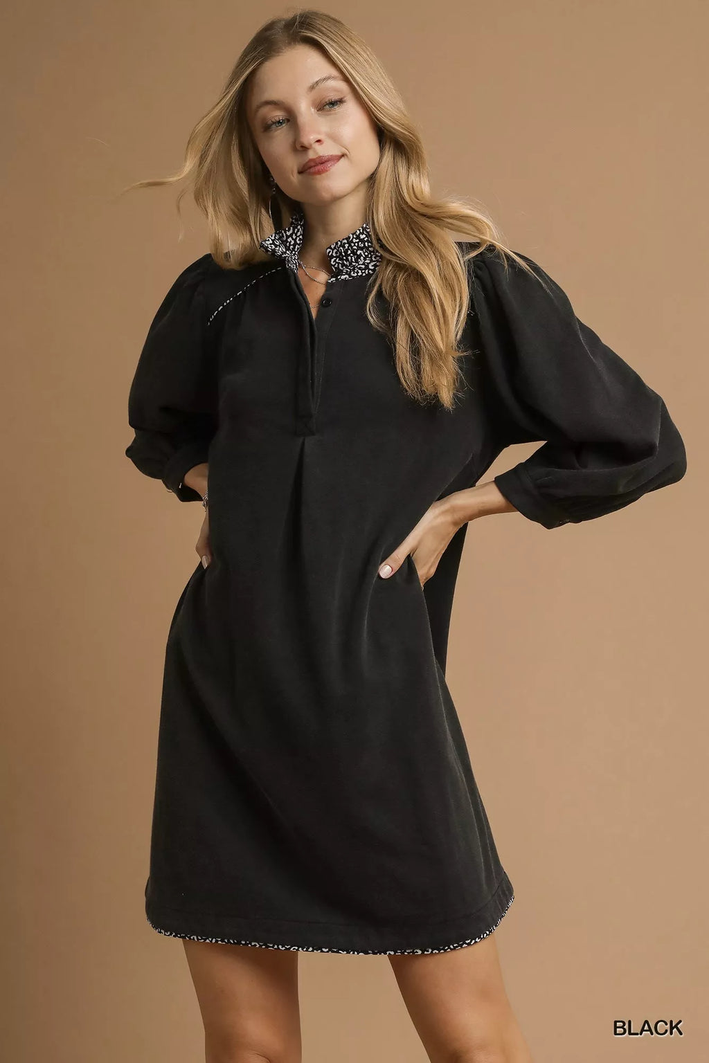 French Terry Balloon Sleeve Shift Dress with Leopard Print Detail