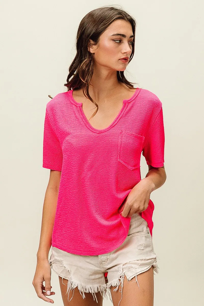 Waved Rib U Neck Top With Front Pocket