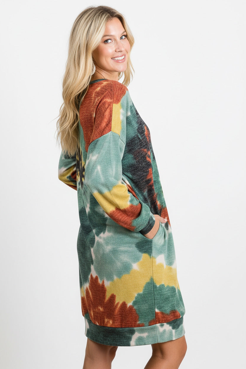 Tie Dye Print Knit Dress with Side Pocket