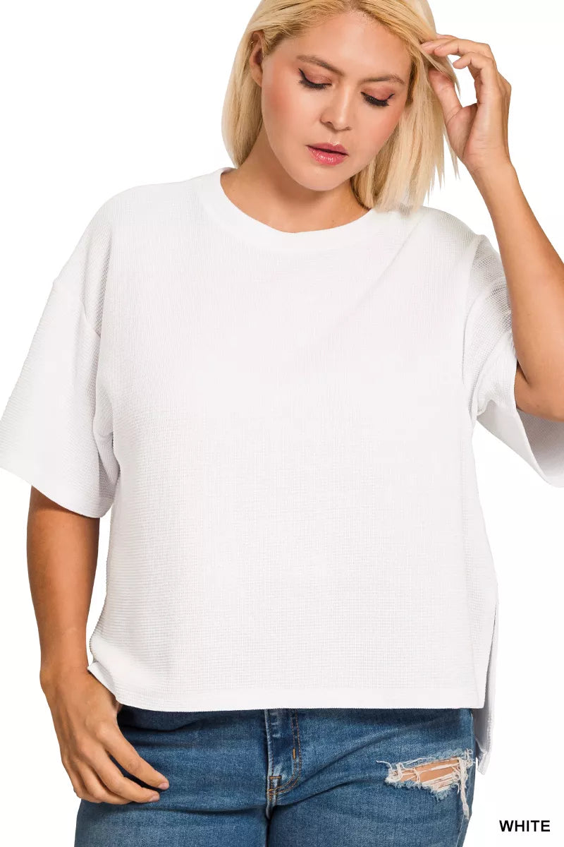 Full Size Double Knit Side Slits Hi Low Short Sleeve Top Plus Size