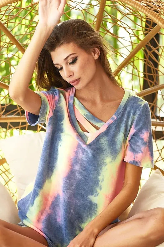 Tie Dye Terry V Neck Top With Double Strap