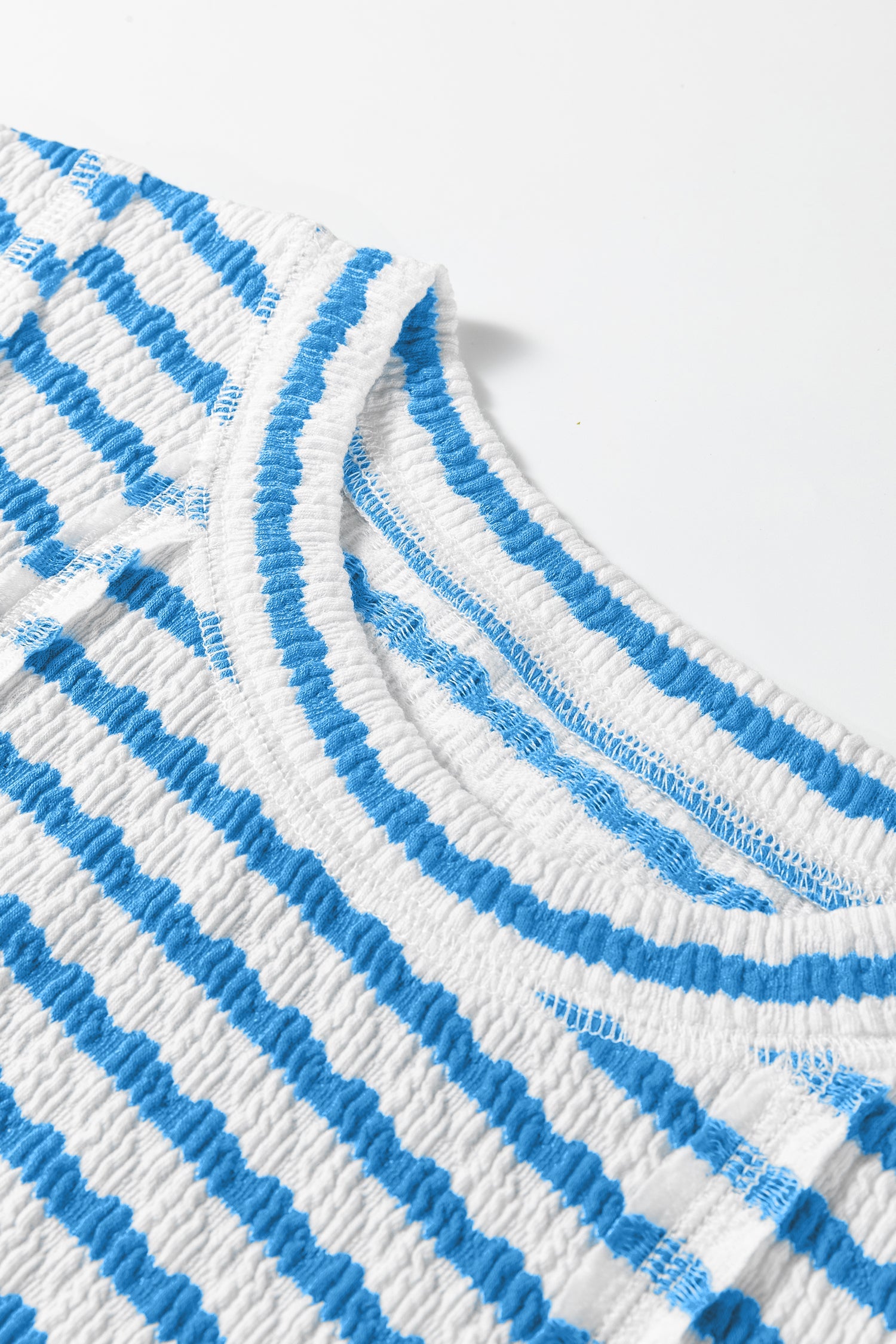 Blue Stripe Textured Short Sleeve Patchwork T Shirt