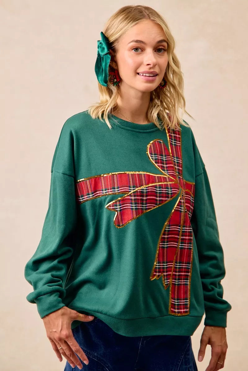 Plaid Ribbon Bow Detail Christmas Fleece Pullover