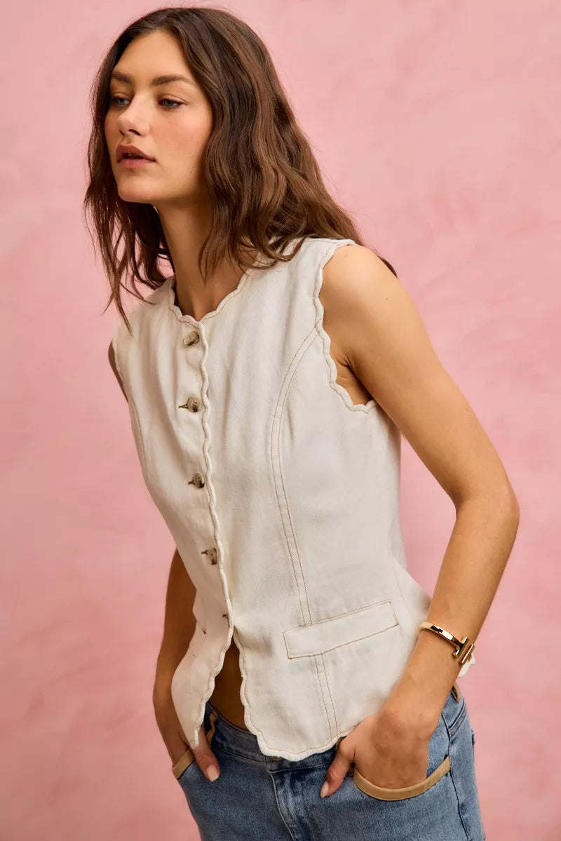 Scalloped Edge Cotton Twill Washed Vest Top