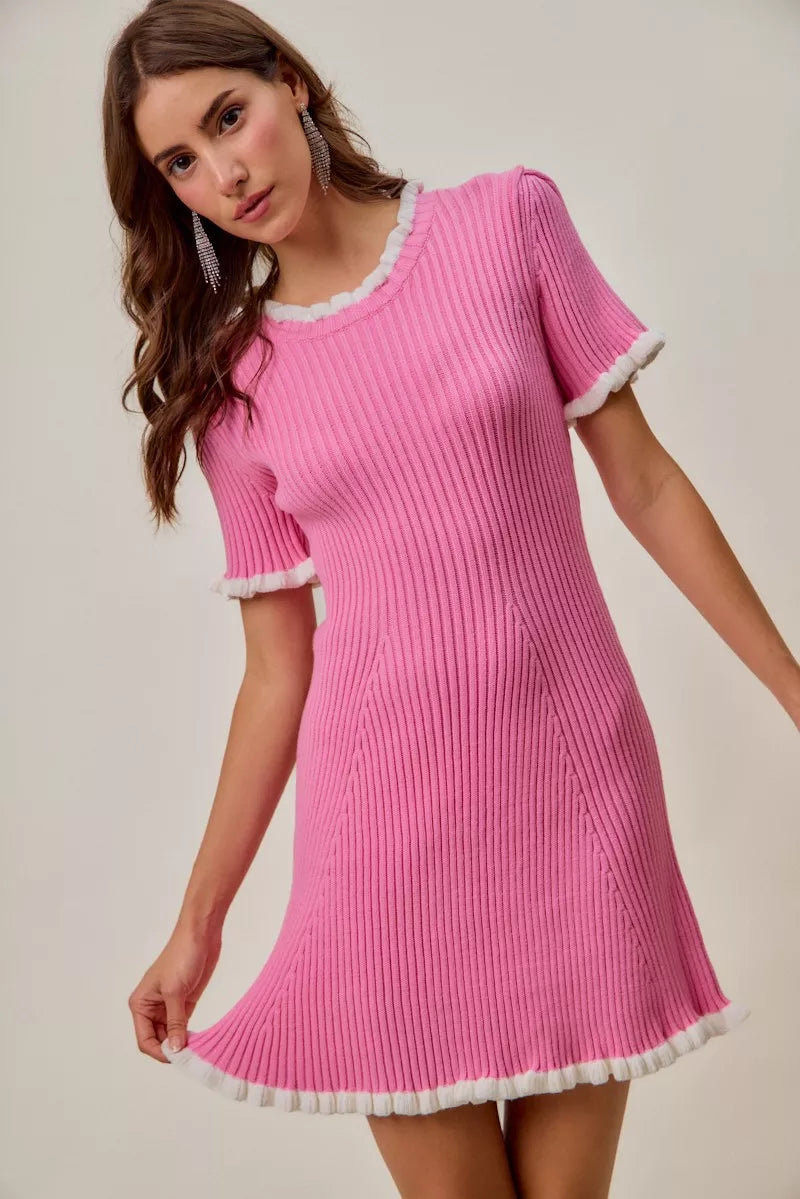 Contrast Ruffled Sweater Knit Mini Dress