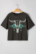 Carbon Grey Vintage Western Bull Head Skull Turquoise Aztec Graphic T Shirt