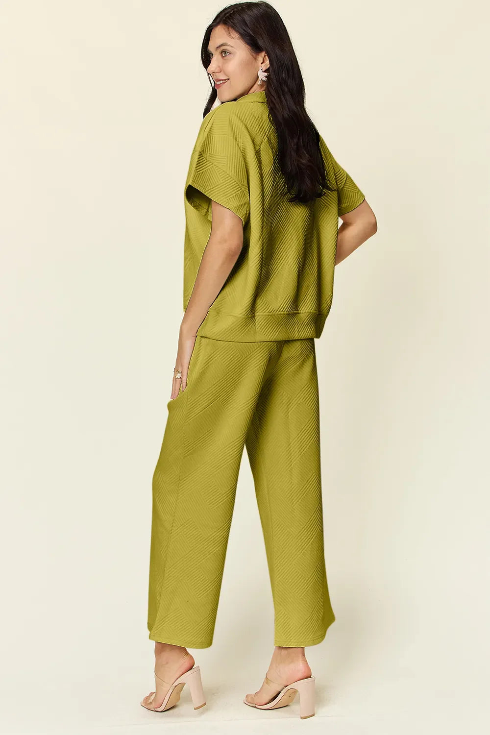 I am a Fashion Junky Full Size Texture Half Zip Short Sleeve Top and Pants Set