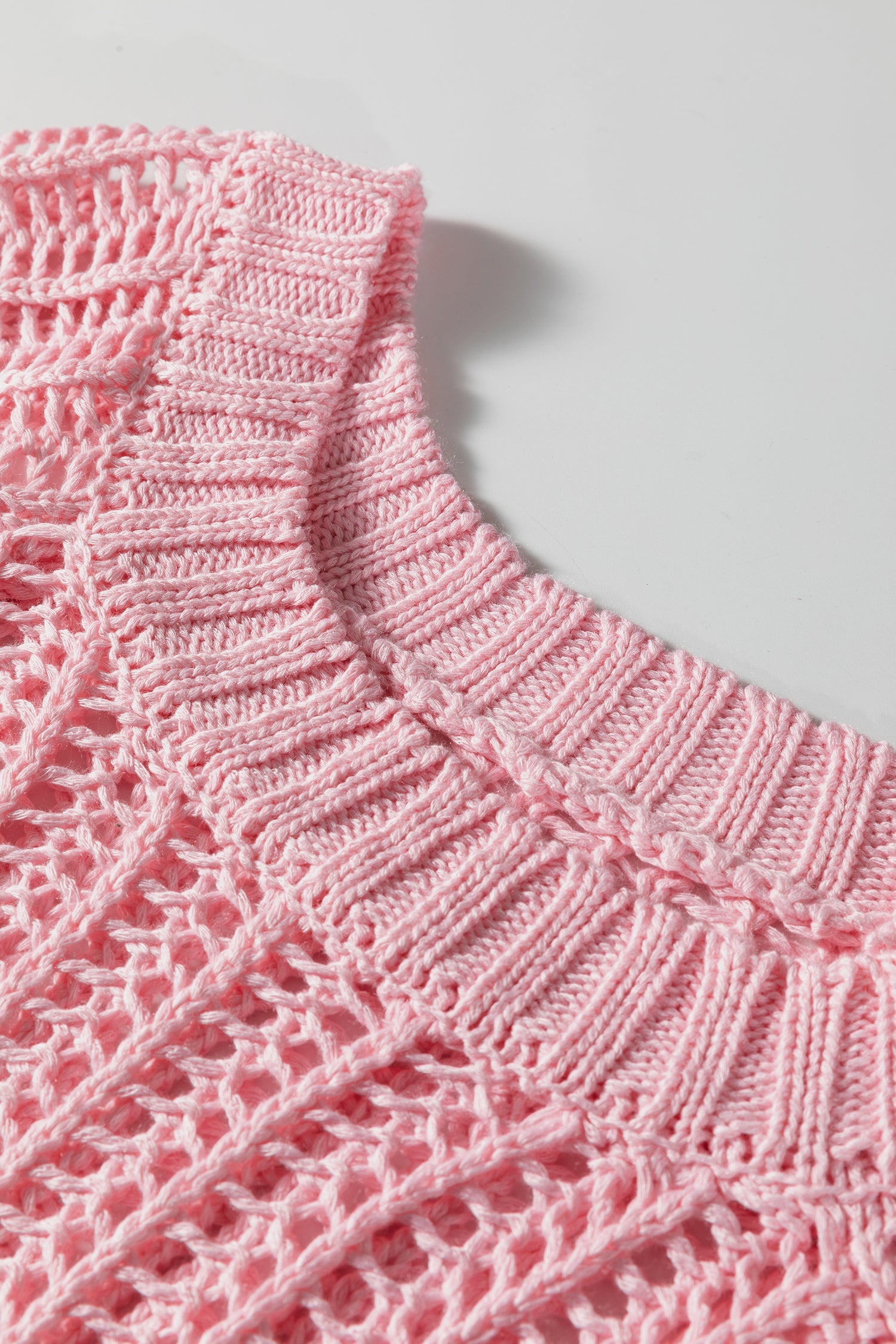 Pink Plus Size Open Knit Bow Tie Short Sleeve Sweater