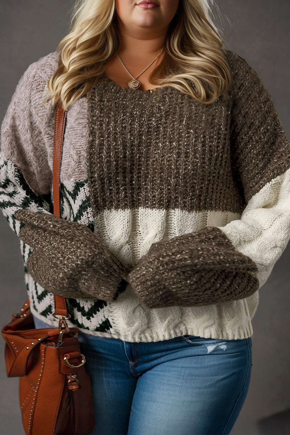 Brown Plus Size Color Block Patchwork Knotted Back Loose Fit Sweater