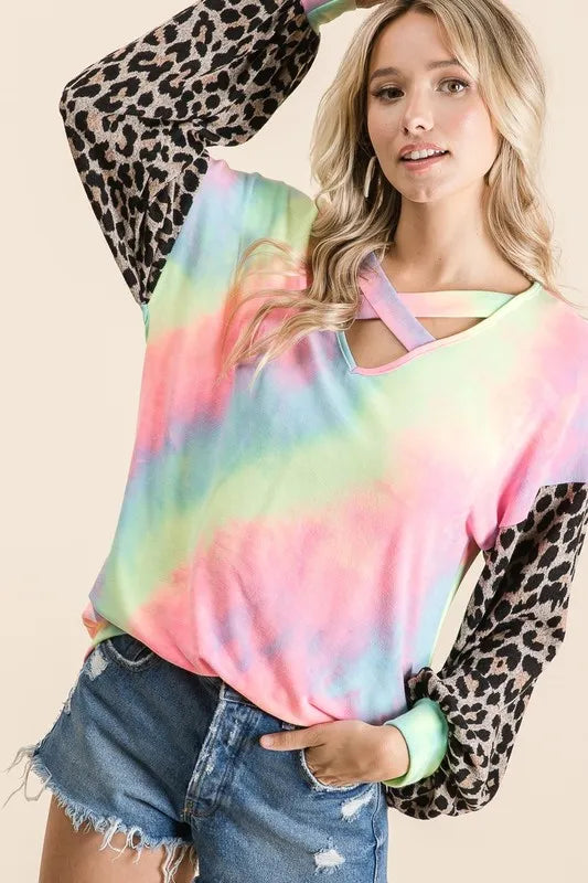 Tie Dye Terry Top with Leopard Puff Sleeves