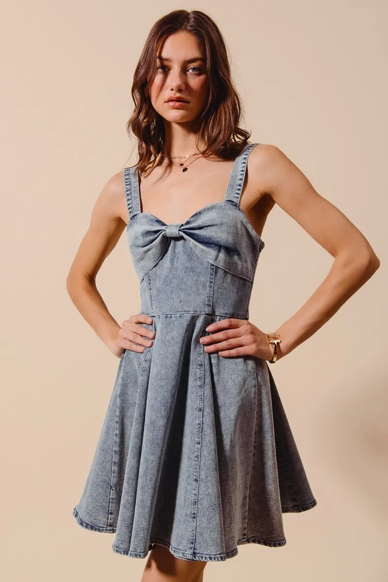 Mineral Washed Bow Ribbon Denim Flare Dress