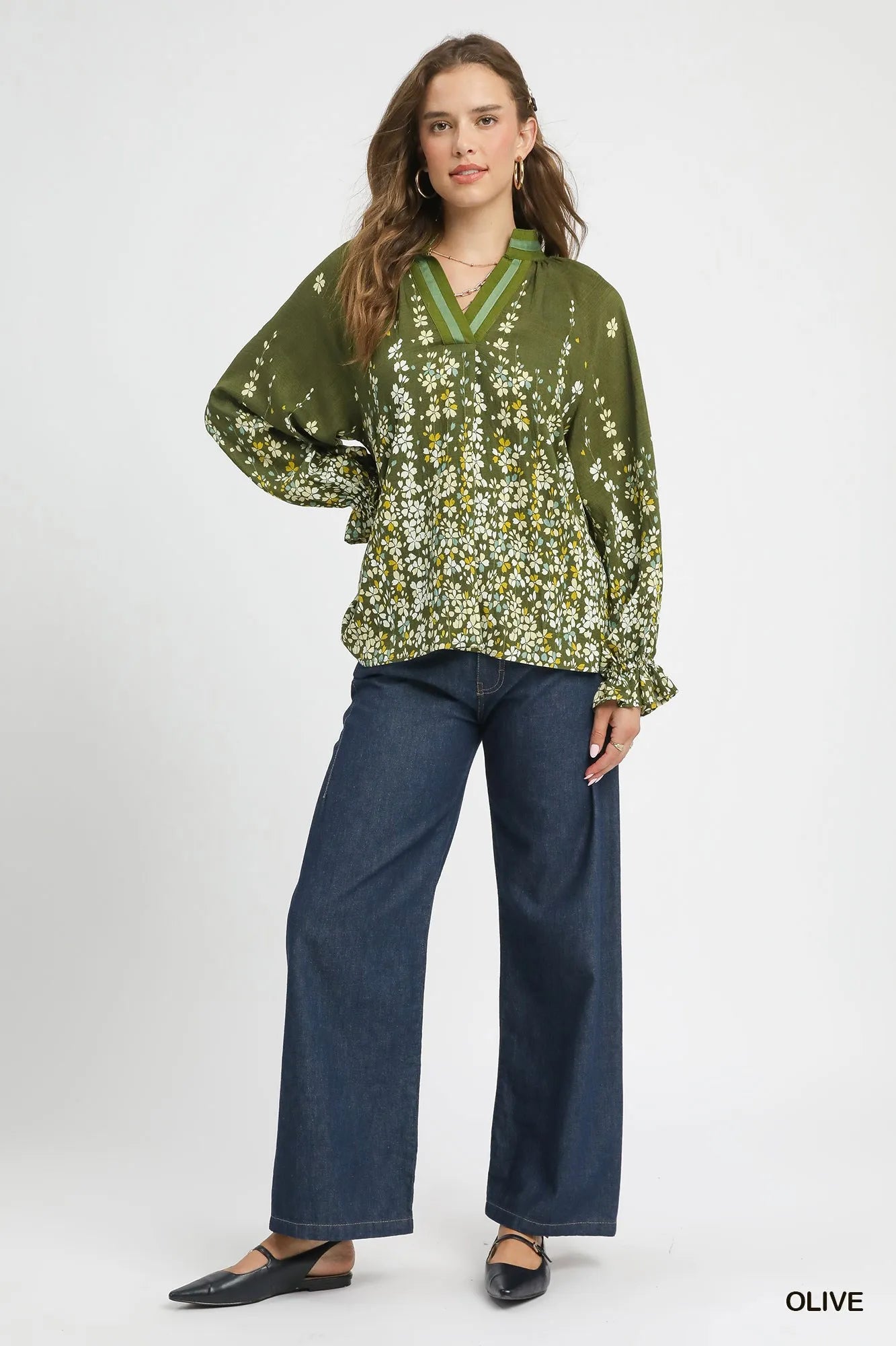 Floral Vine Print Blouse with Balloon Sleeves