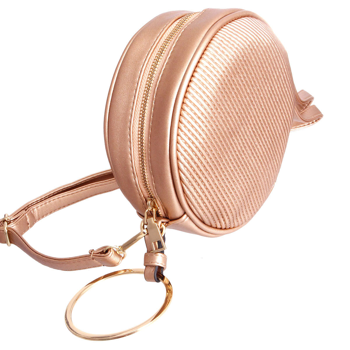 Crossbody Wristlet Rose Gold Ribbed Circle Stylish Fashion Accessory