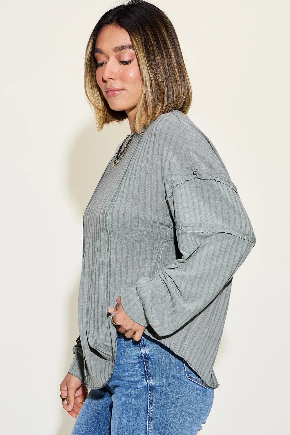Full Size Ribbed Round Neck Long Sleeve T-Shirt