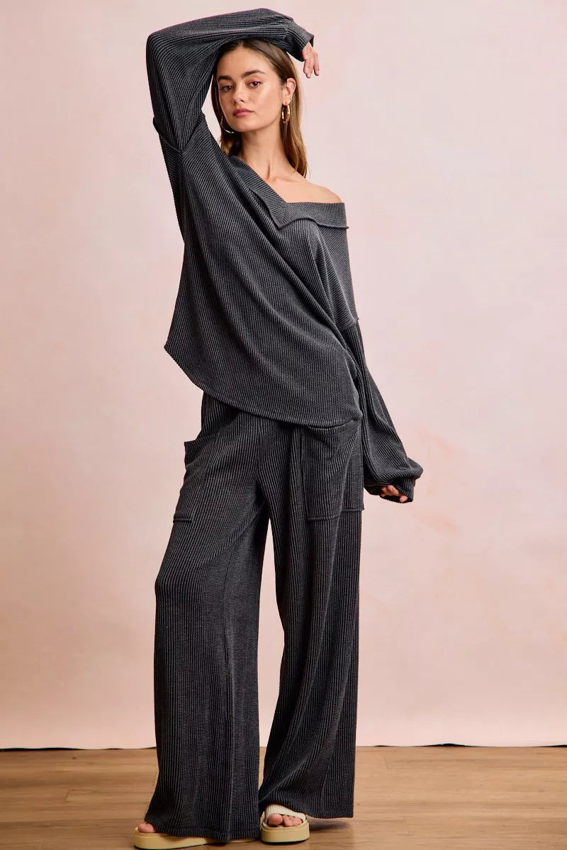 Two Tone Cord Rib Contrast Stitching V-Neck Top and Pants Set