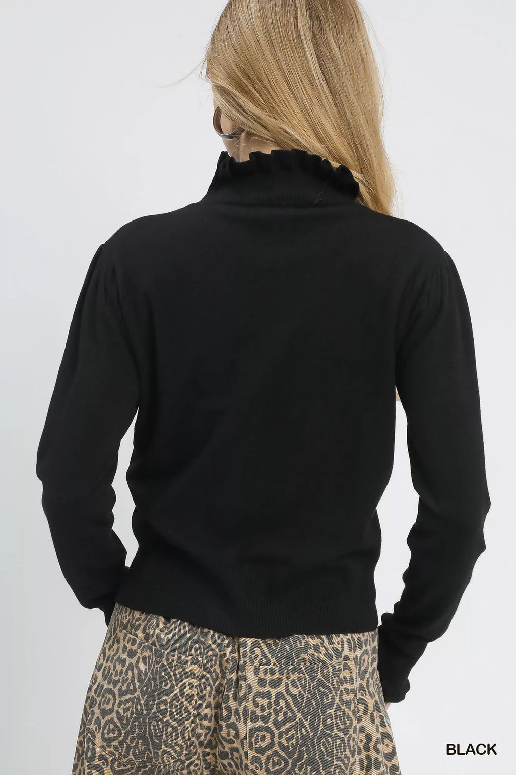 Ruffle Mock Neck Puff Sleeve Sweater