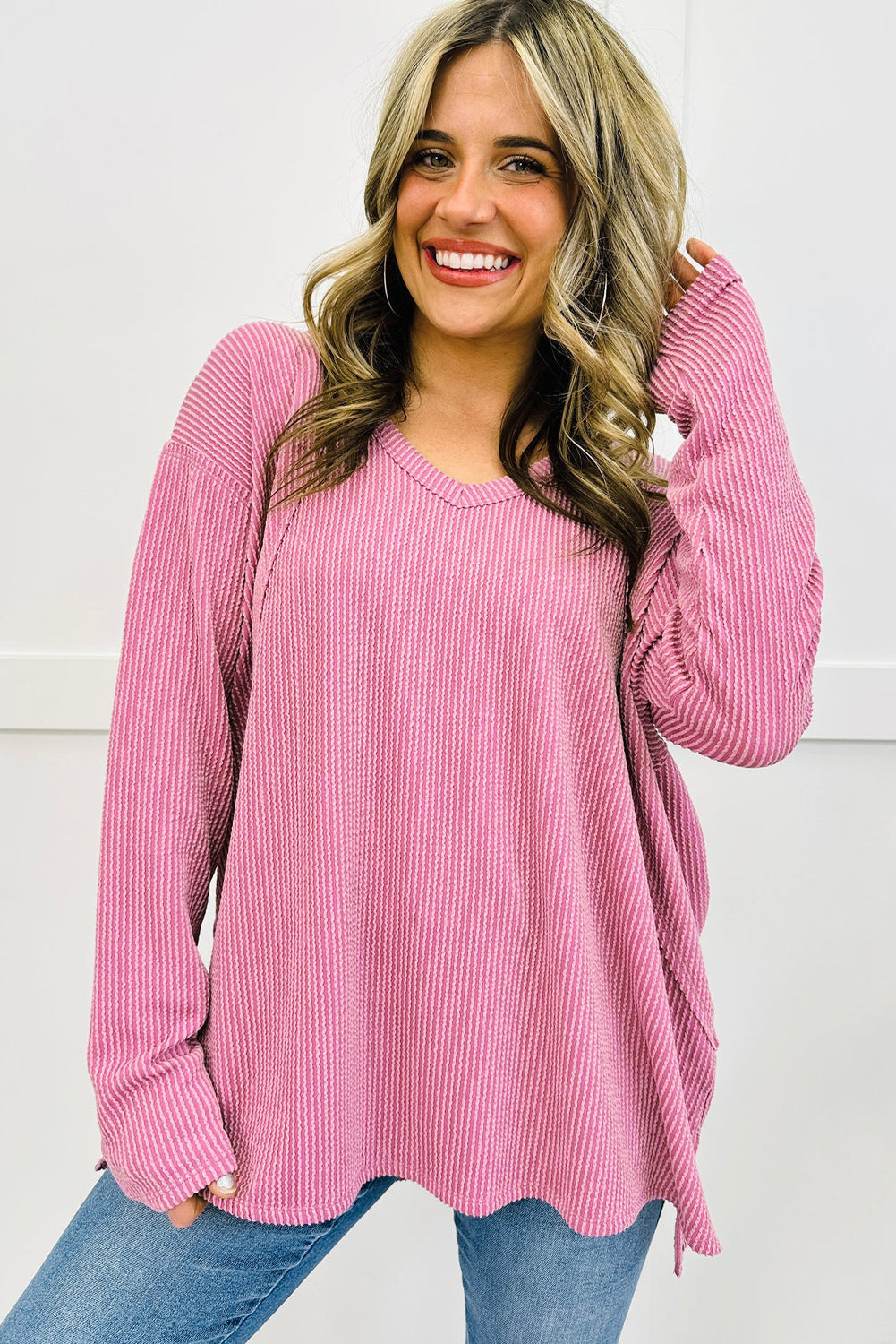 Pink Twisted Rib Texture Exposed Seam Patchwork Loose Long Sleeve Top