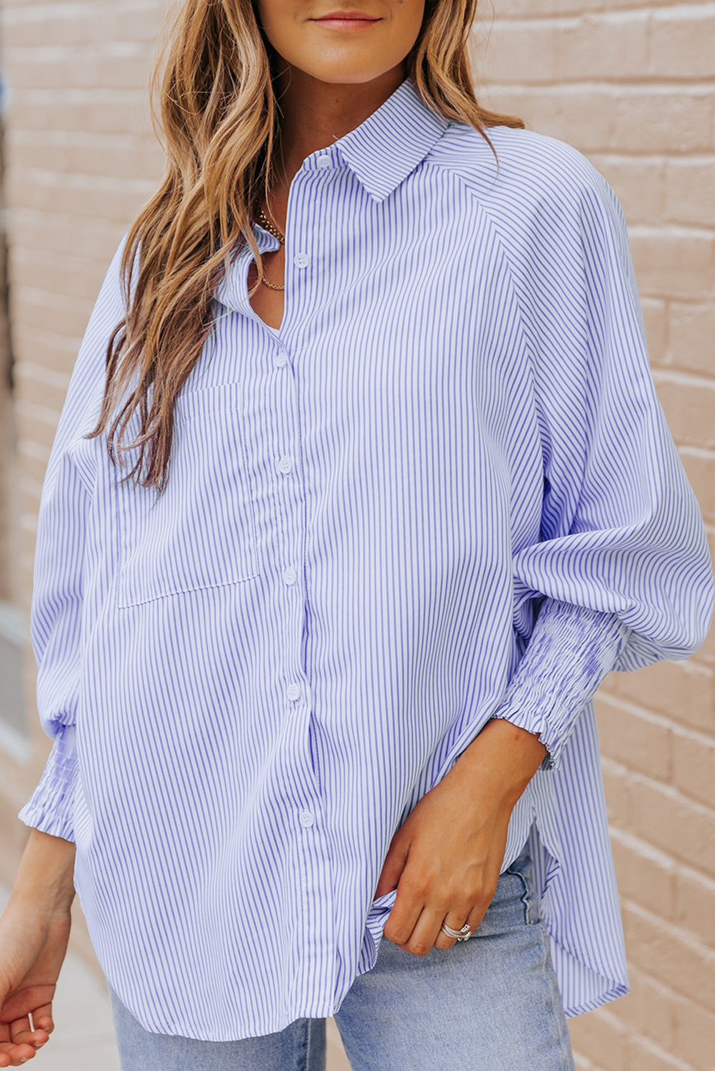Black Striped Casual Shirred Cuffs Shirt