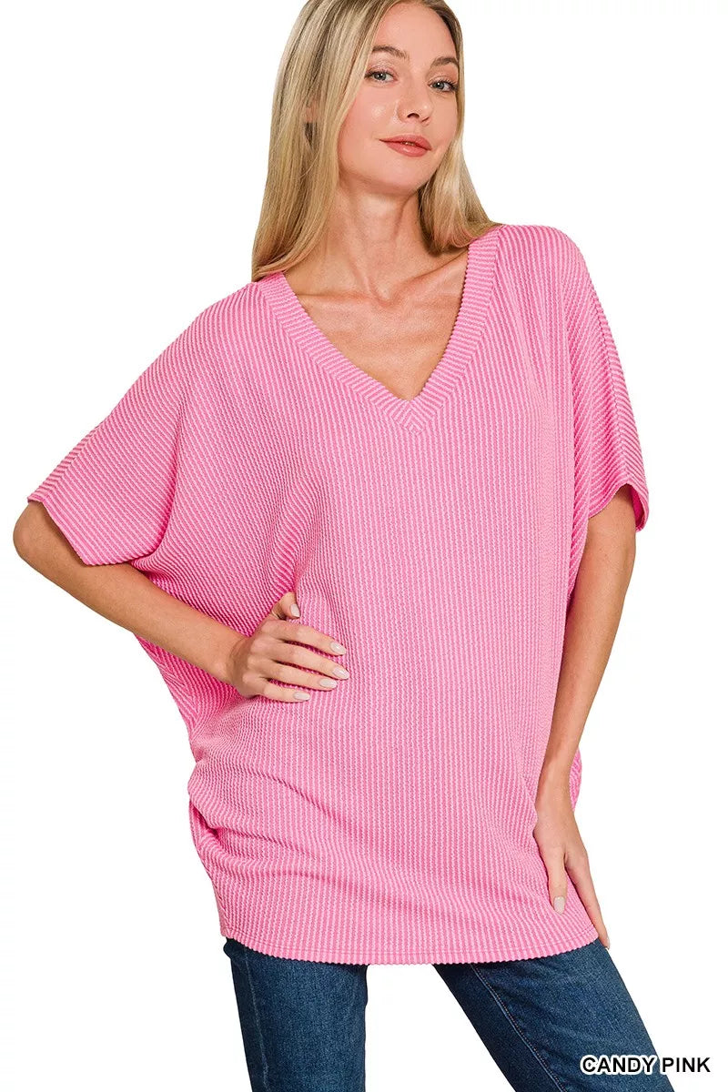 Raised Rib V-Neck Batwing Top