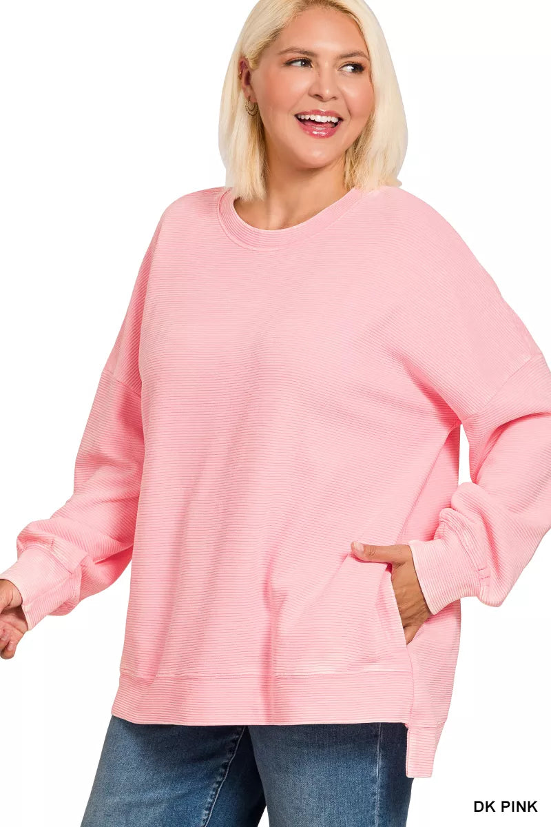 Full Size Acid Washed Double Ribbed Hi-low Sweatshirt Plus Size