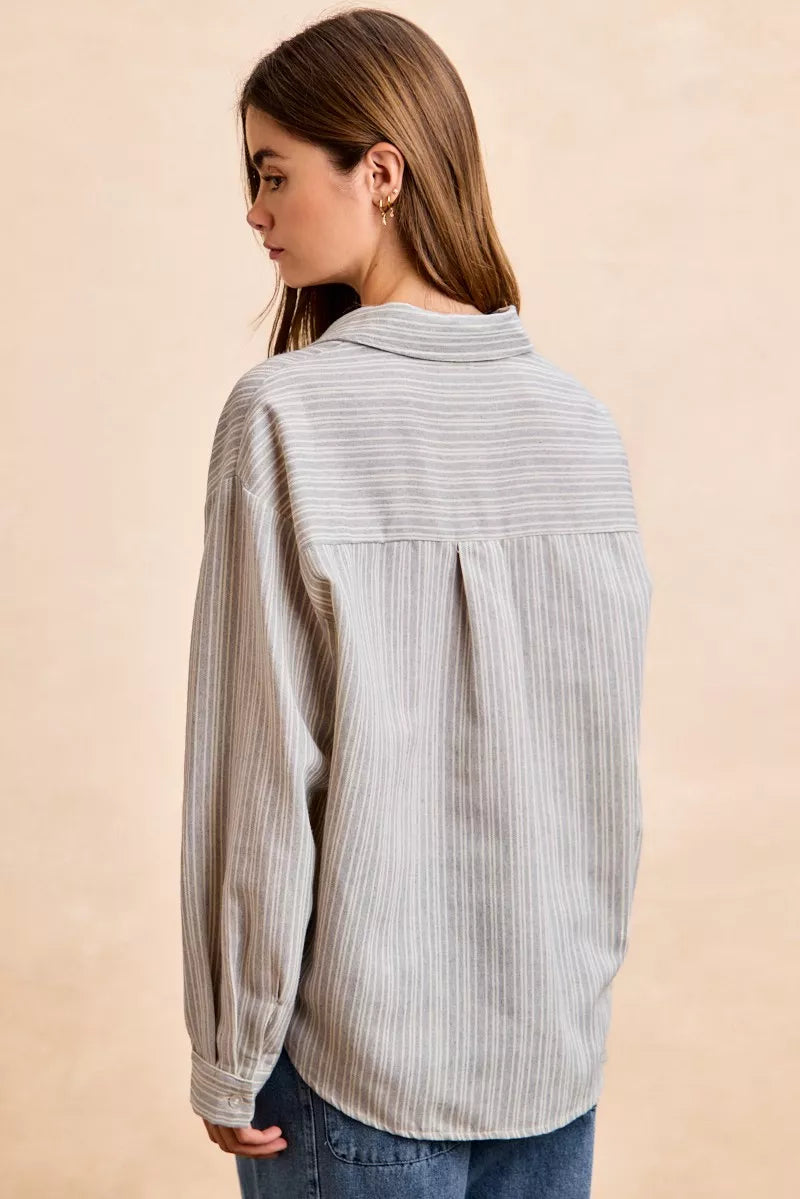 Flower Jacquard Knit Patch Pocket Stripe Shirt
