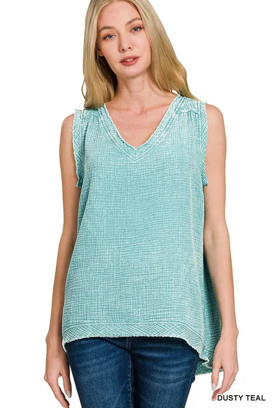 Double Gauze Raw Edge Acid Washed Tank