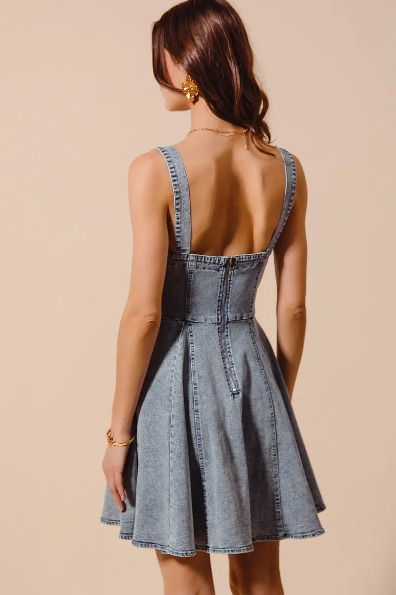 Mineral Washed Bow Ribbon Denim Flare Dress