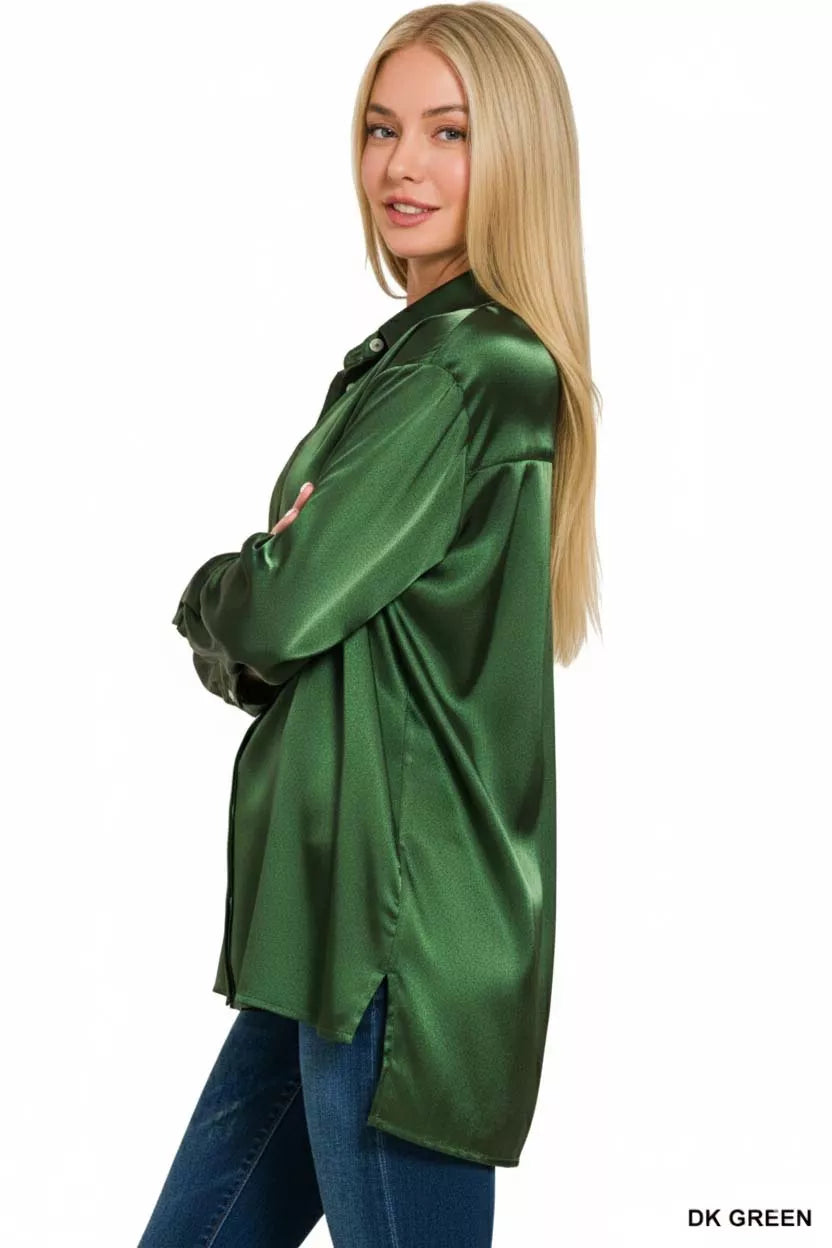 Satin Button Down Long Sleeve Shirt
