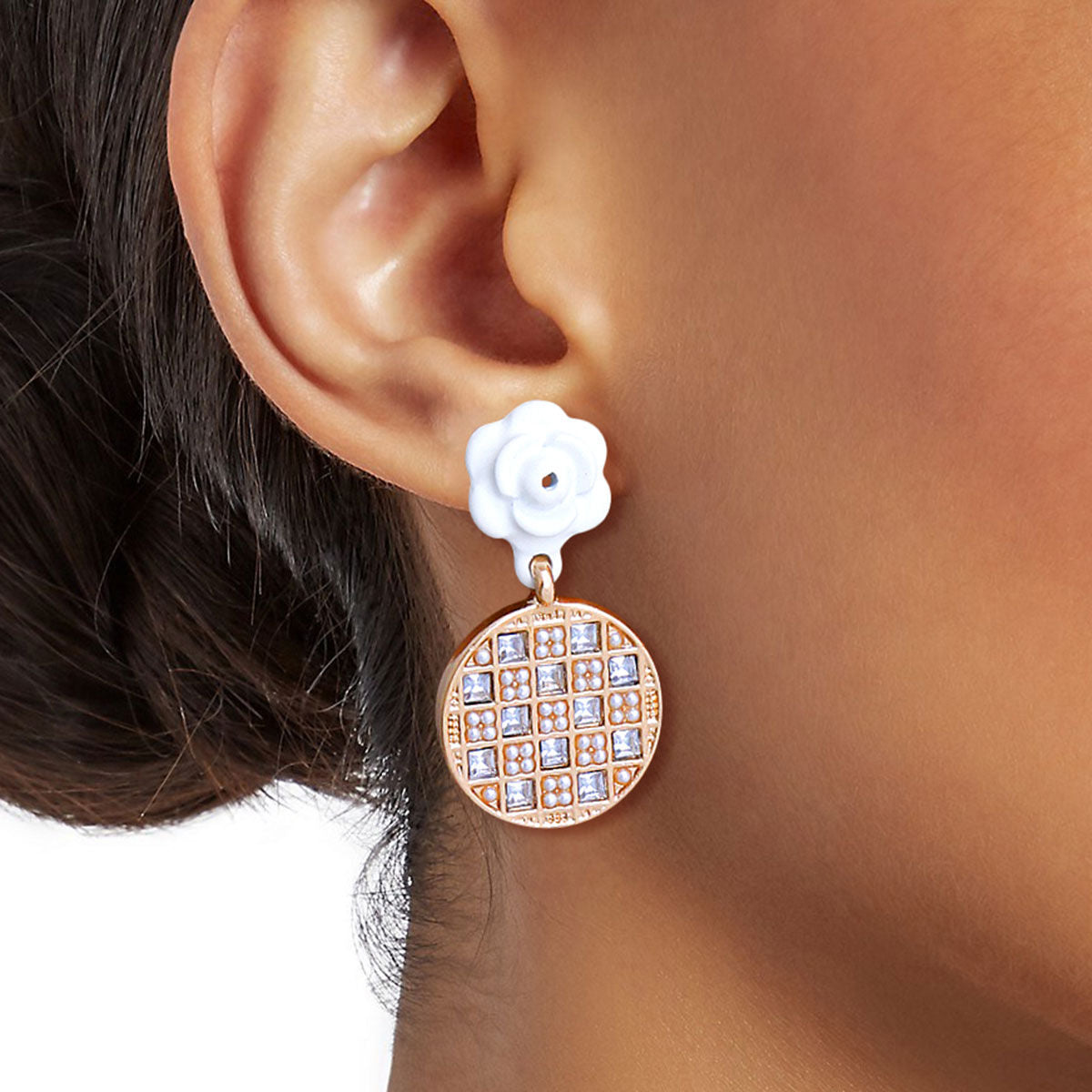 Statement Earrings White Flower Checkerboard Trendy Chic Jewelry