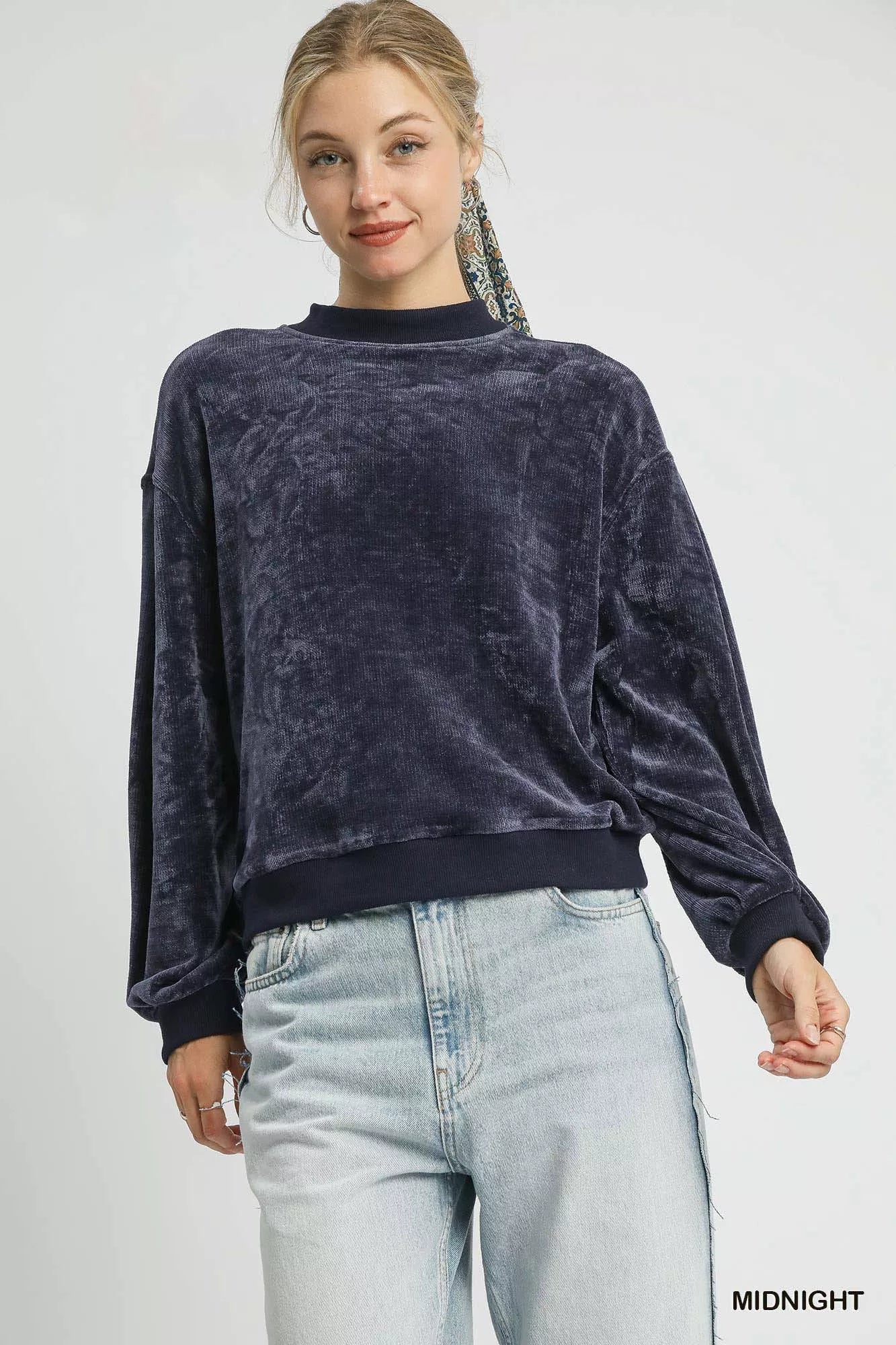 Velour Crewneck Balloon Sleeve Sweatshirt