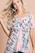 Tie Dye Print Terry Deep U Neck Top