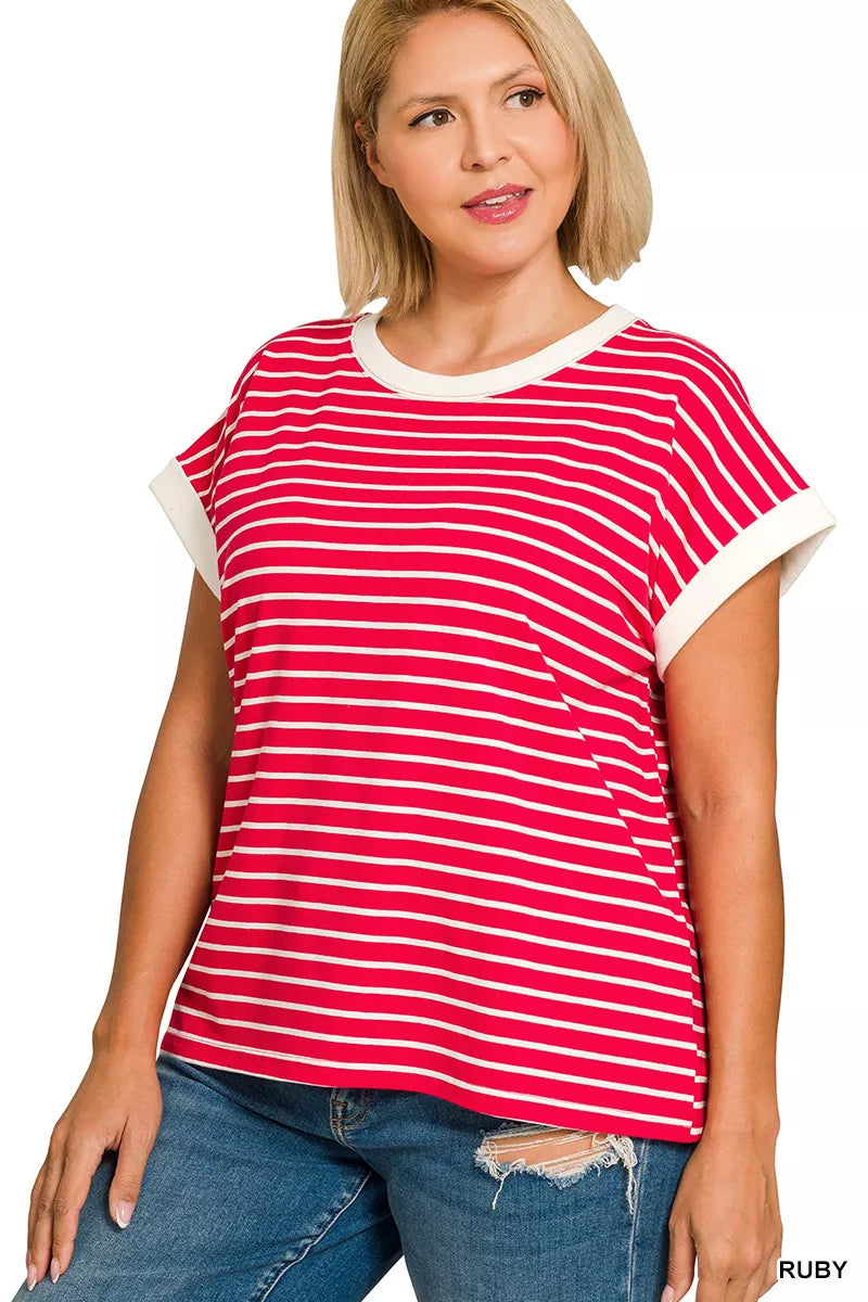 Full Size Contrast Trim Cap Sleeve Stripe Tee Plus Size