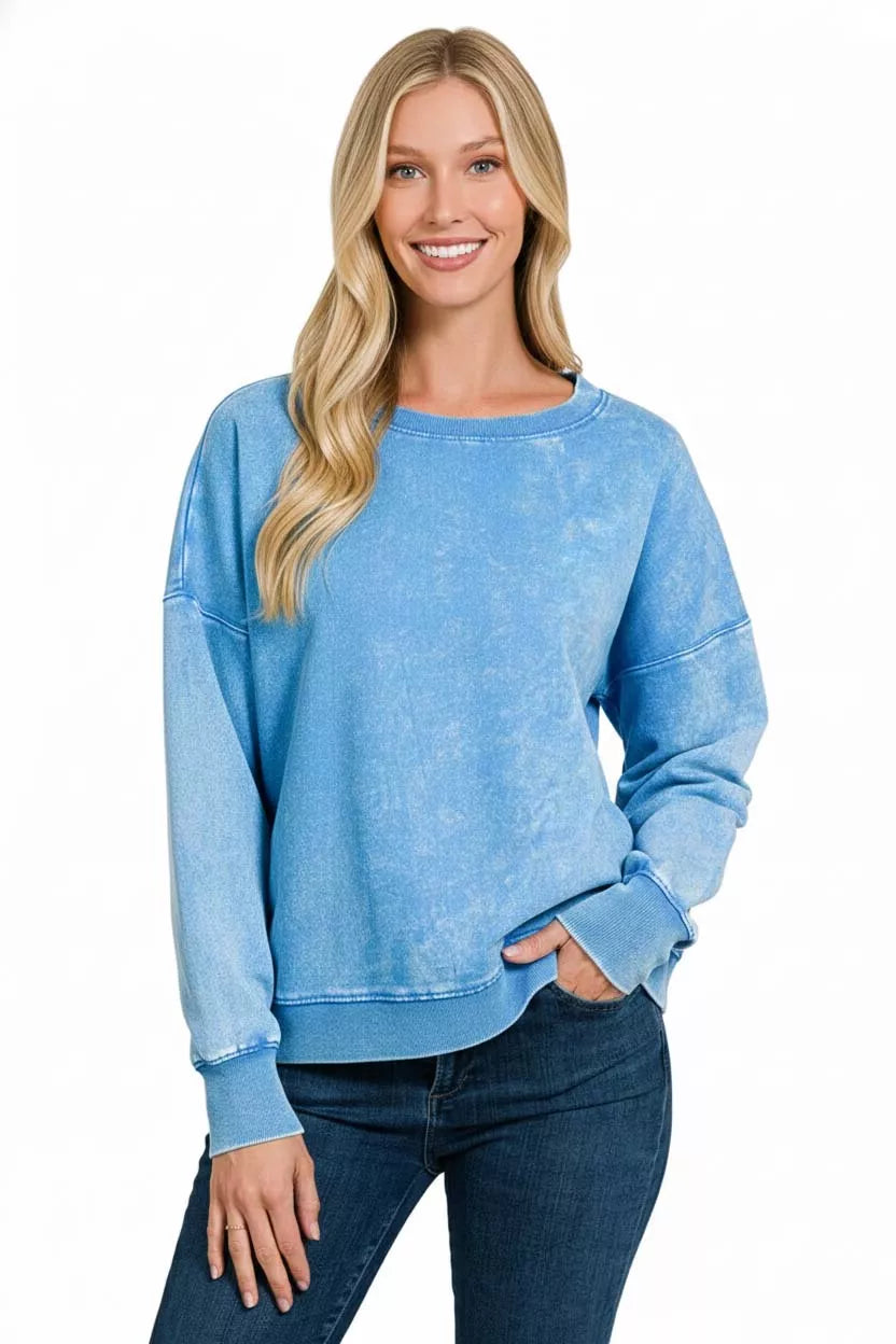 French Terry Acid Wash Boat Neck Sweatshirt